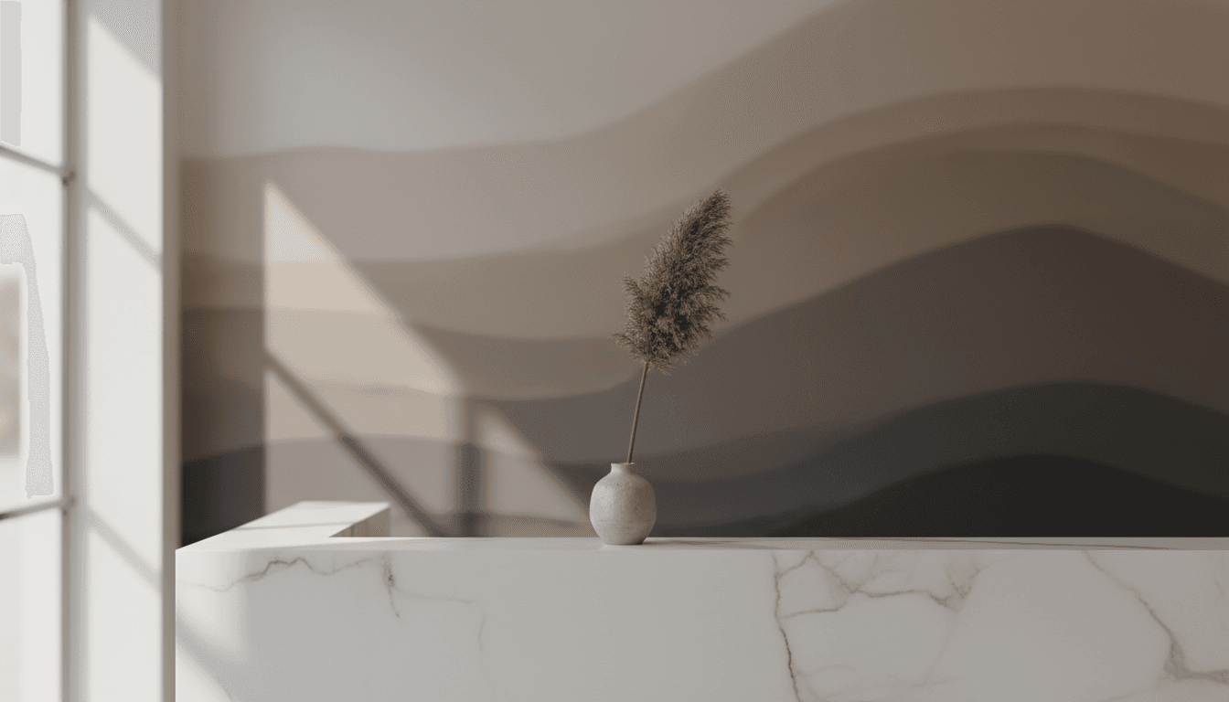 Interior de salão de beleza minimalista com balcão de recepção vazio e luz natural suave