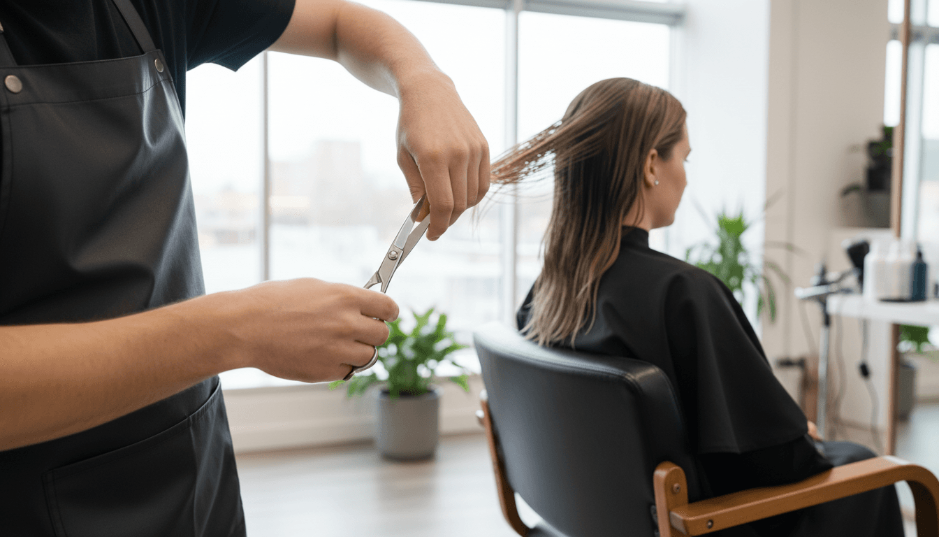 Tesoura profissional cortando pontas de cabelo liso e escuro