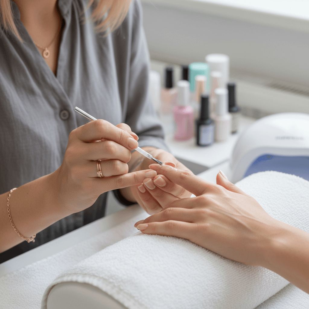 Mãos sobre toalha com utensílios de manicure ao lado, luz natural.