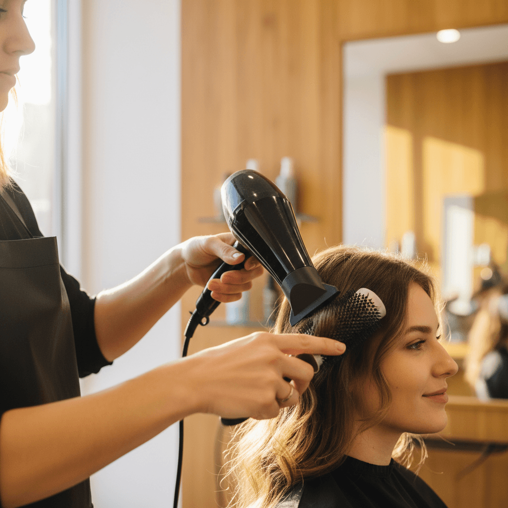 Escova alisando pontas de cabelo brilhante em luz dourada de fim de tarde.