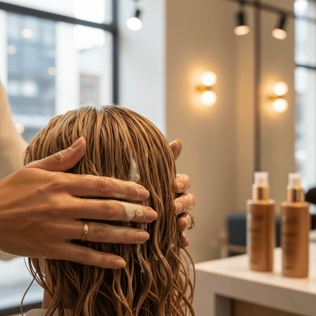 Mãos com luvas aplicando creme hidratante em mechas de cabelo