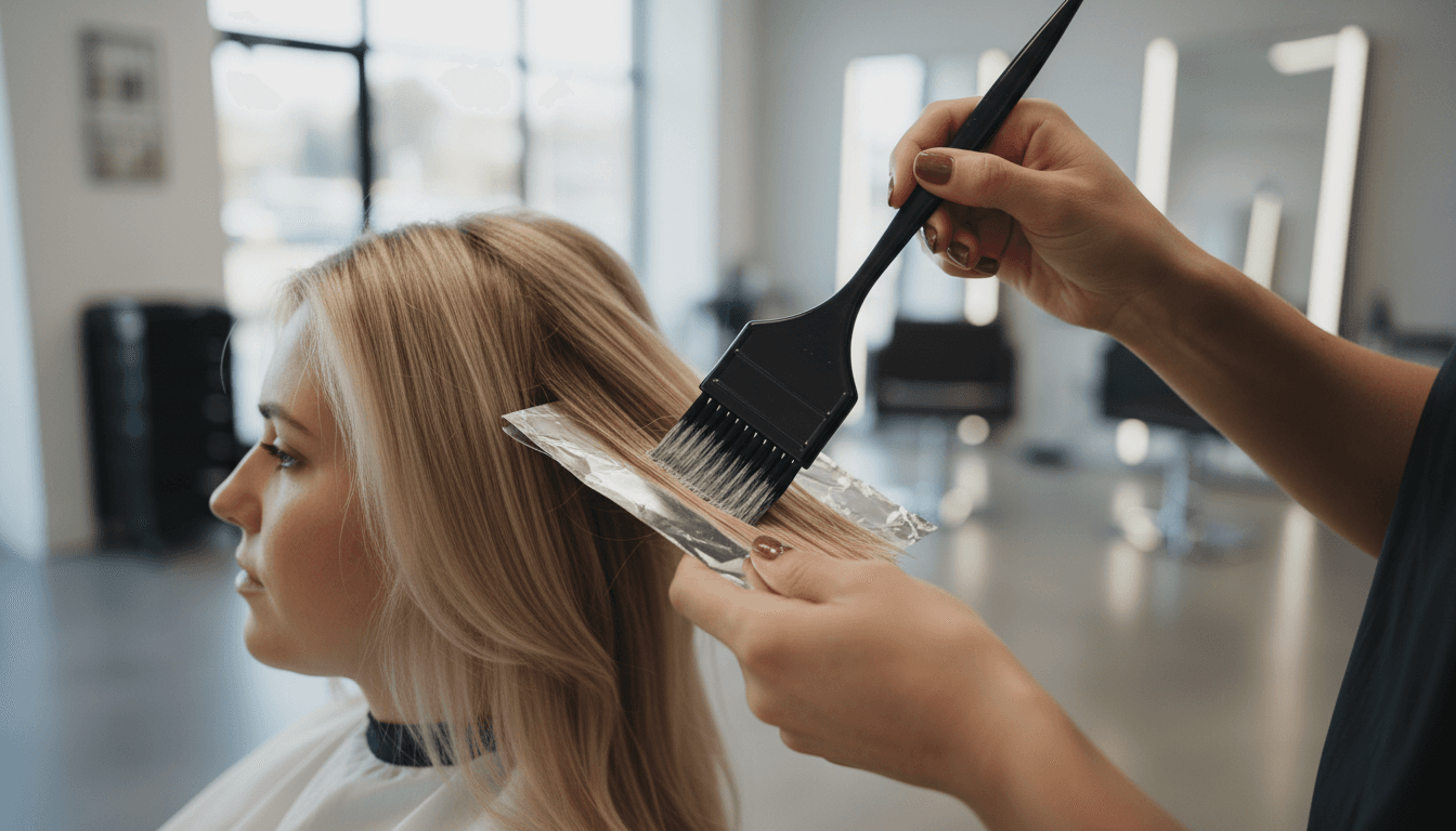 Aplicação de mechas em cabelo castanho claro, com papel alumínio e luva profissional