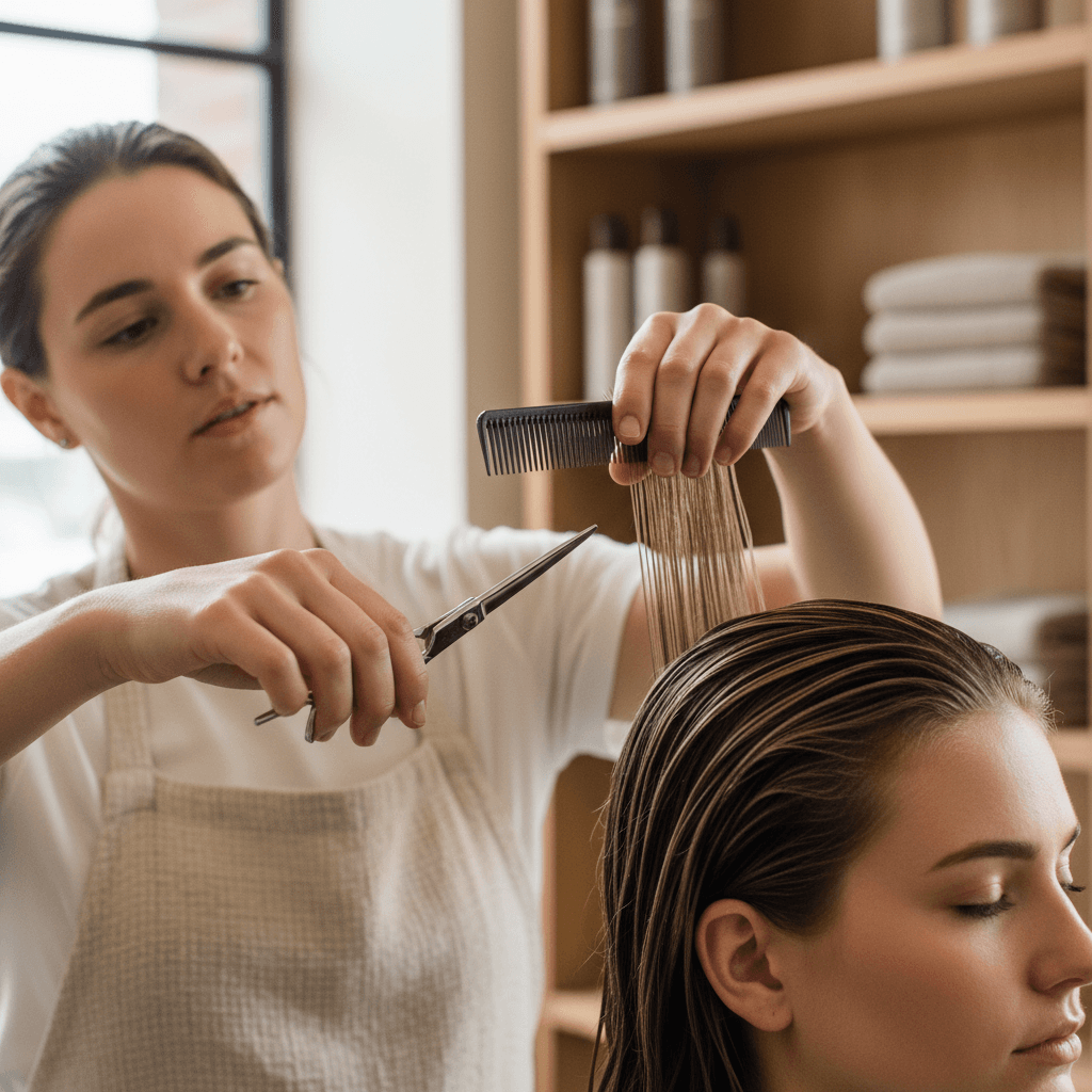 Mãos segurando tesoura e pente sobre cabelo molhado, em luz natural suave.