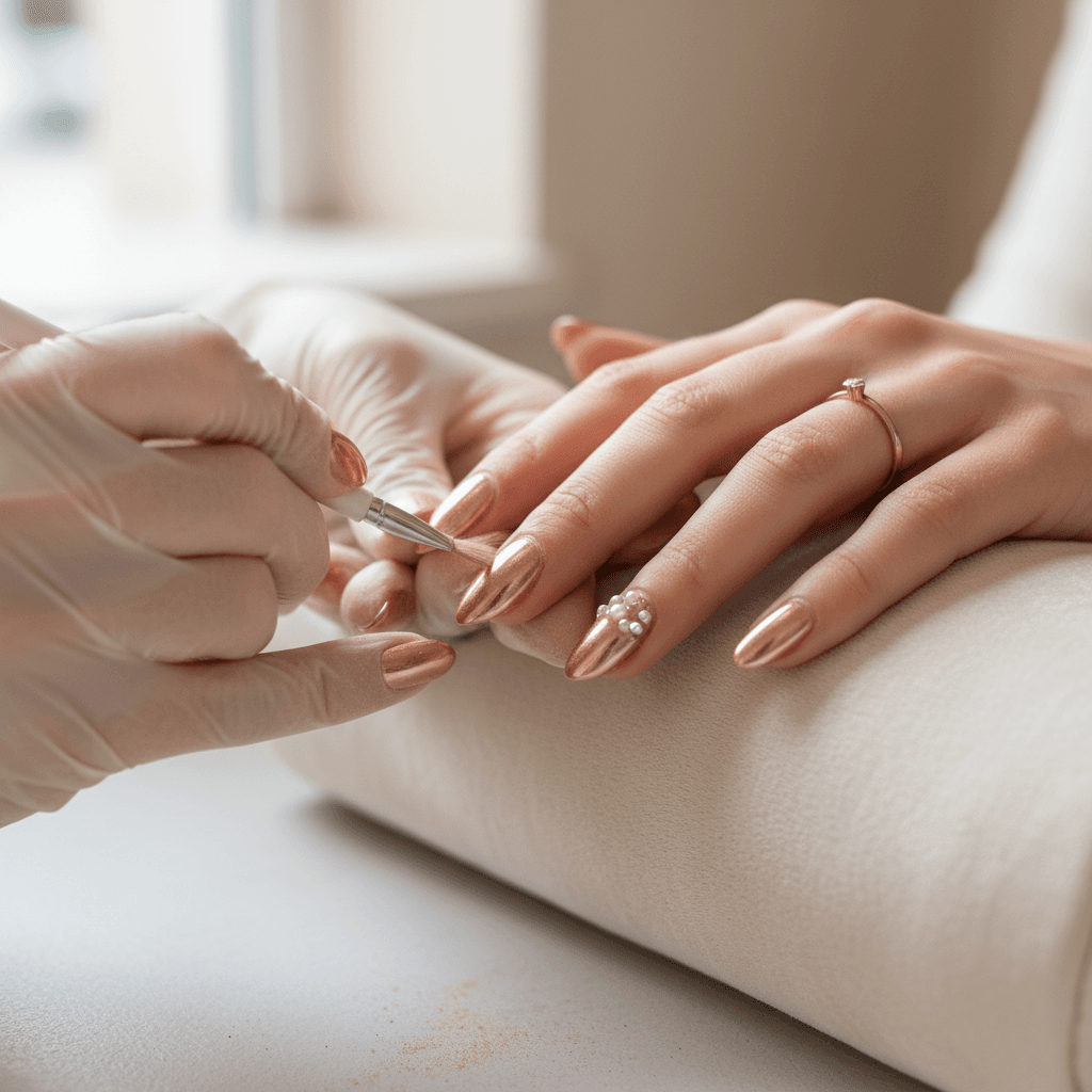Manicure com esmalte nude e acabamento impecável